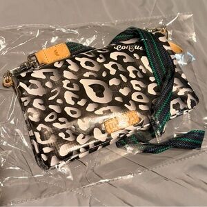 Consuela Black & White Leopard Crossbody with Green-Trim Strap